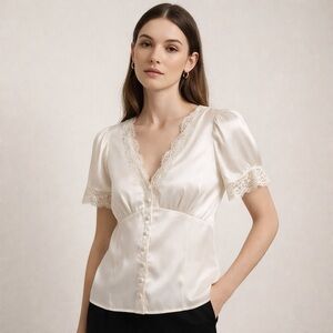 Joie Lace Trim Satin Blouse Ivory Puff Sleeve Covered Button Front Top Size Med